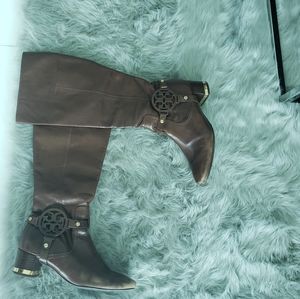 Tory Burch brown leather Riding Boots, gold detail